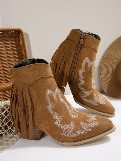 Equestrian Line Tassel side zipper embroidered ankle boots