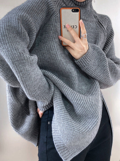 Turtleneck side zip solid color knit sweater