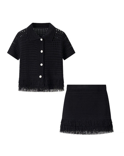 Tassel Short-Sleeved Knit Jacket High-Waisted Miniskirt Set