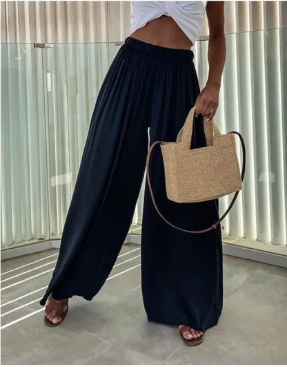 Elastic waistband high waist pleated wide leg pants