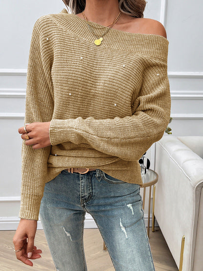 Solid color one-shoulder pearl knitted sweater