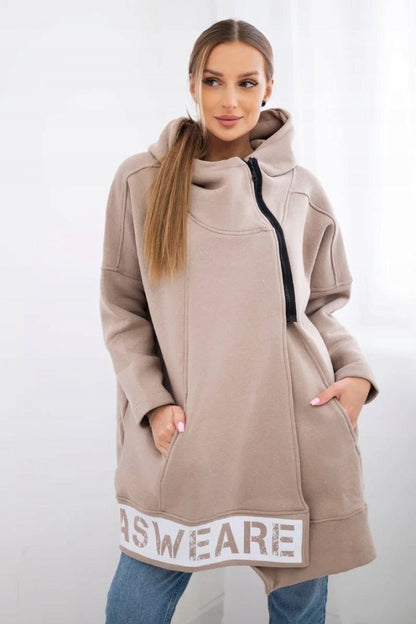 Diagonal zipper Printed logo Loose mid-length hooded fleece jacket