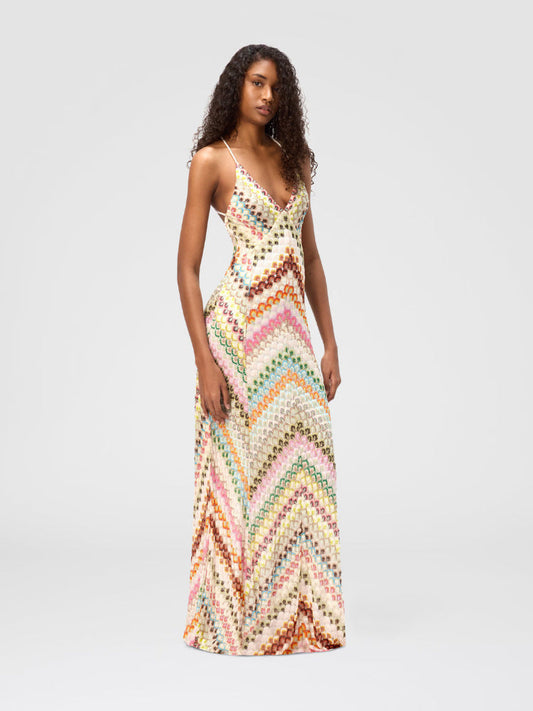 Robe longue multicolore à imprimé chevrons et bretelles spaghetti pour femme - Sabina