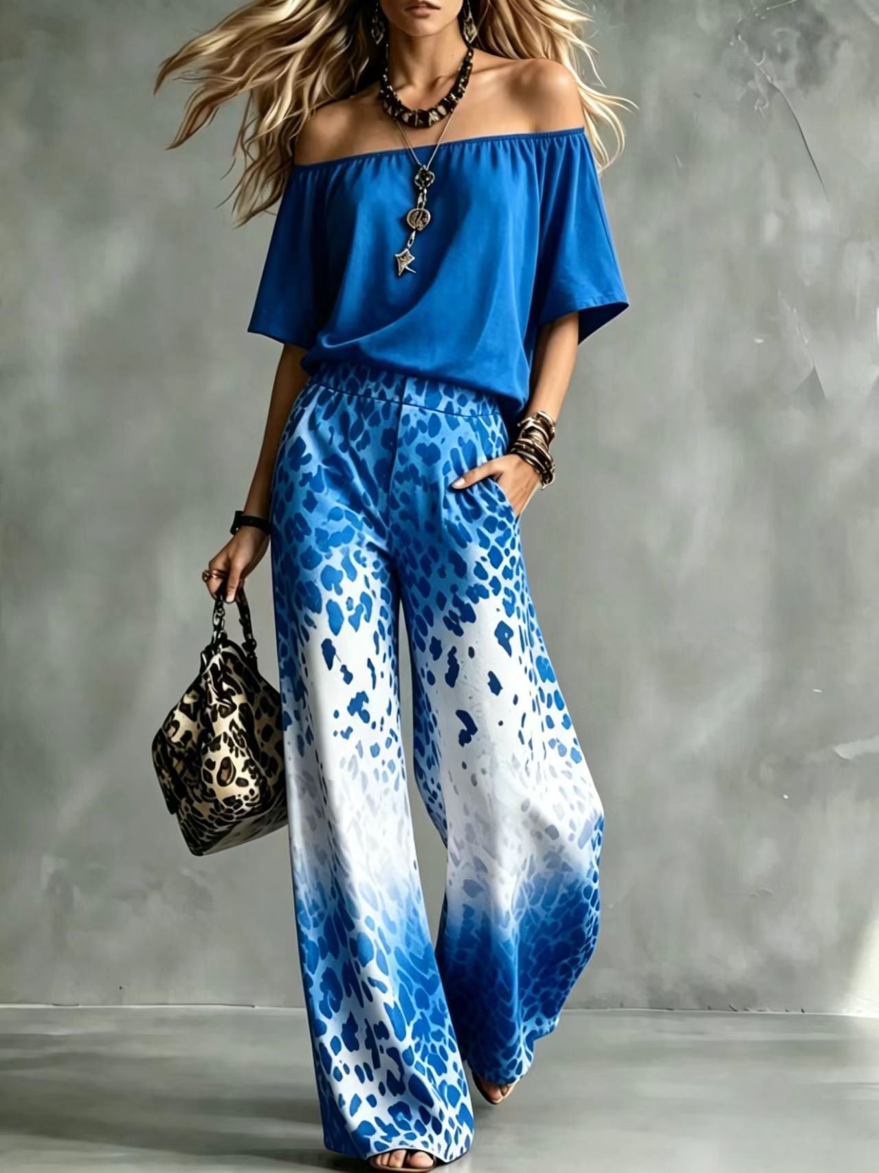 Set aus einem Top mit U-Ausschnitt und schulterfreiem Schnitt sowie einer weiten Hose mit Leopardenmuster und Ombré-Effekt