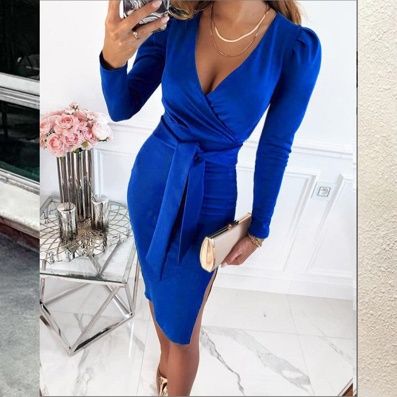 V-neck elegant strappy solid color dress