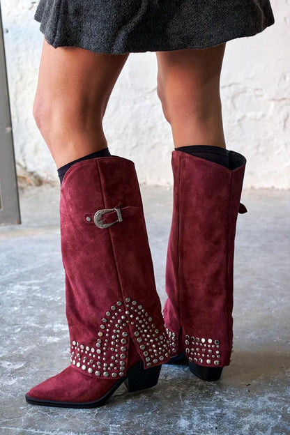 Suede pointed toe metal buckle rivet thick heel wide-leg slouch boots