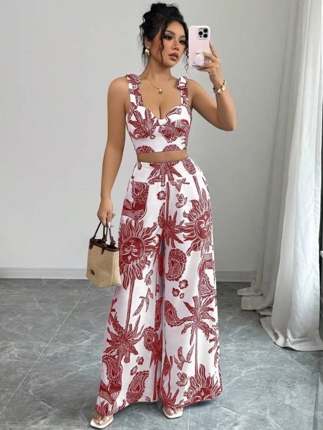 Blue and White Printed Crop Top with Wide-Leg Pants for Women - Noemi