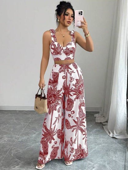 Blue and White Printed Crop Top with Wide-Leg Pants for Women - Noemi