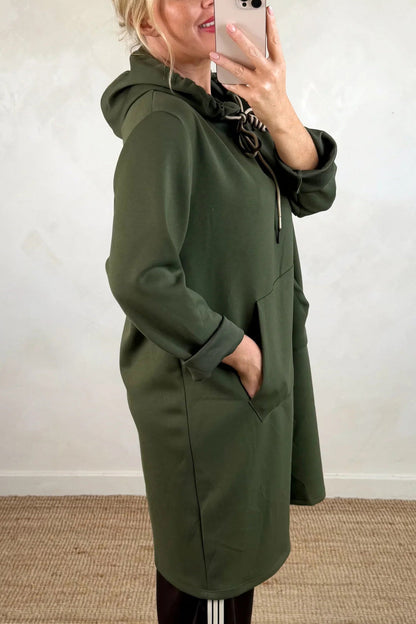 Kangaroo Pocket Loose Hooded Sweatshirt Midi Dress