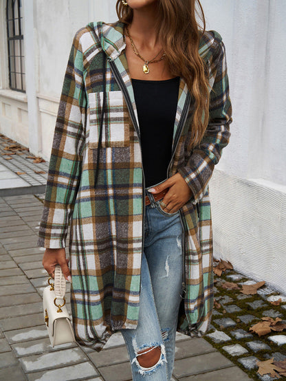 Loose Contrast Plaid Zipper Hooded Long Jacket