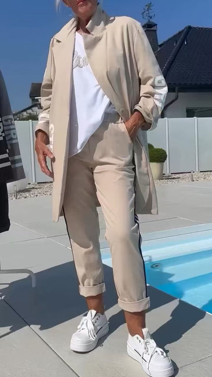 Mid-length letter-printed trench coat and trousers two-piece set