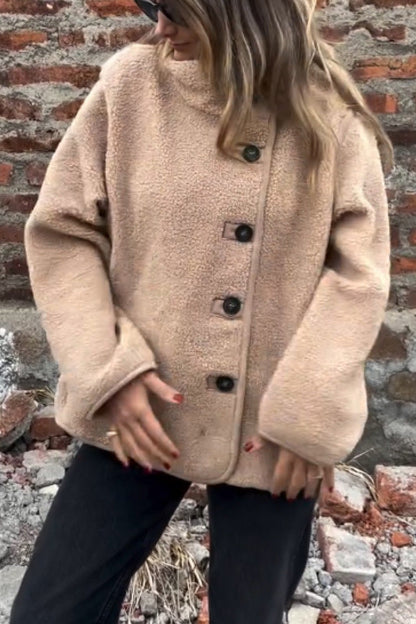 Loose irregular button high collar fleece jacket