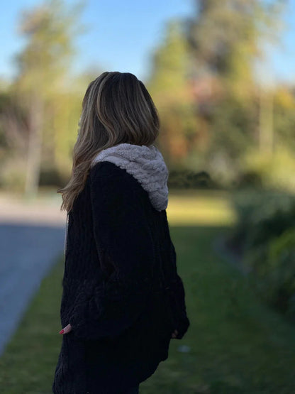 Mid-length vintage hooded fur zip-up knitted jacket