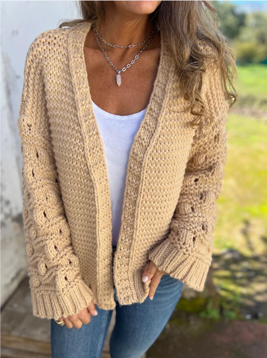 Solid Color Thick Knit Hollow Sleeve Knit Cardigan