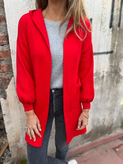 Casual woolen pocket hooded mid-length jacket