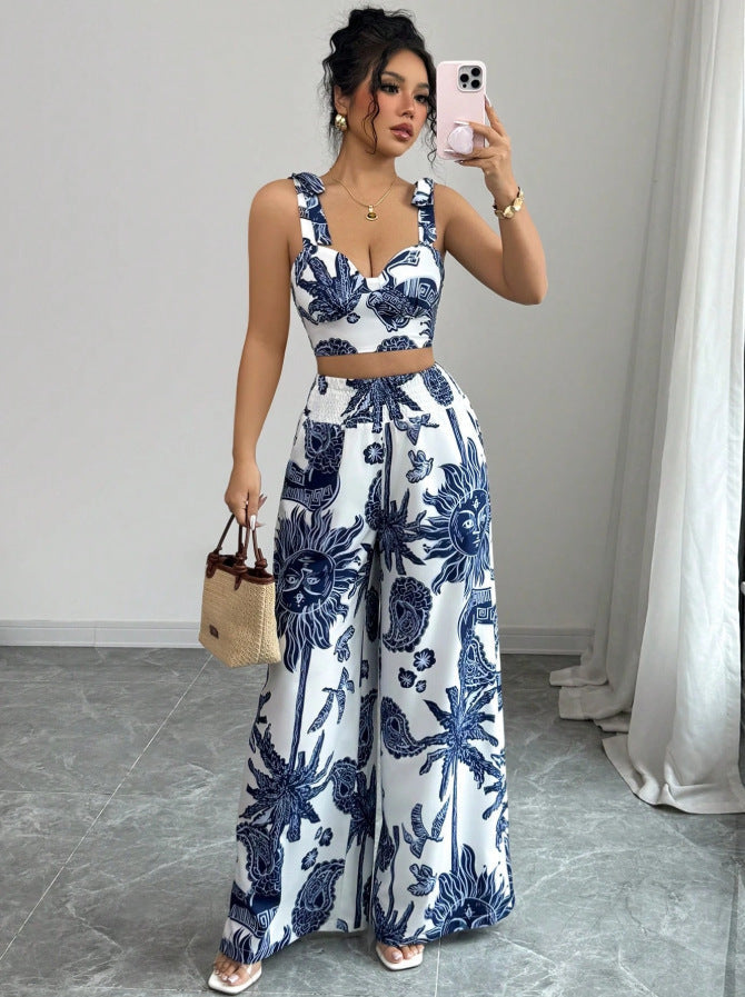Blue and White Printed Crop Top with Wide-Leg Pants for Women - Noemi