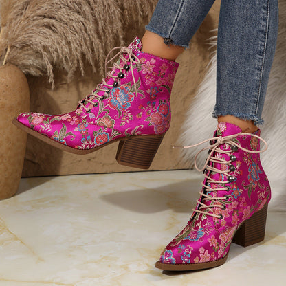 Retro ethnic style pointed toe thick heel lace-up embroidered Martin boots
