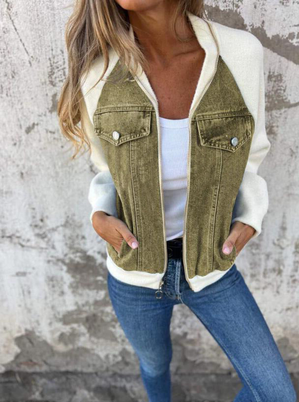 Denim knitted patchwork hooded jacket