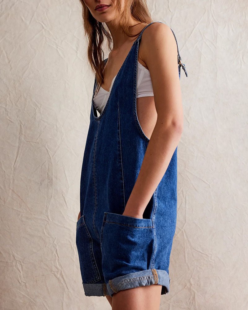 Washed distressed vest denim rompers