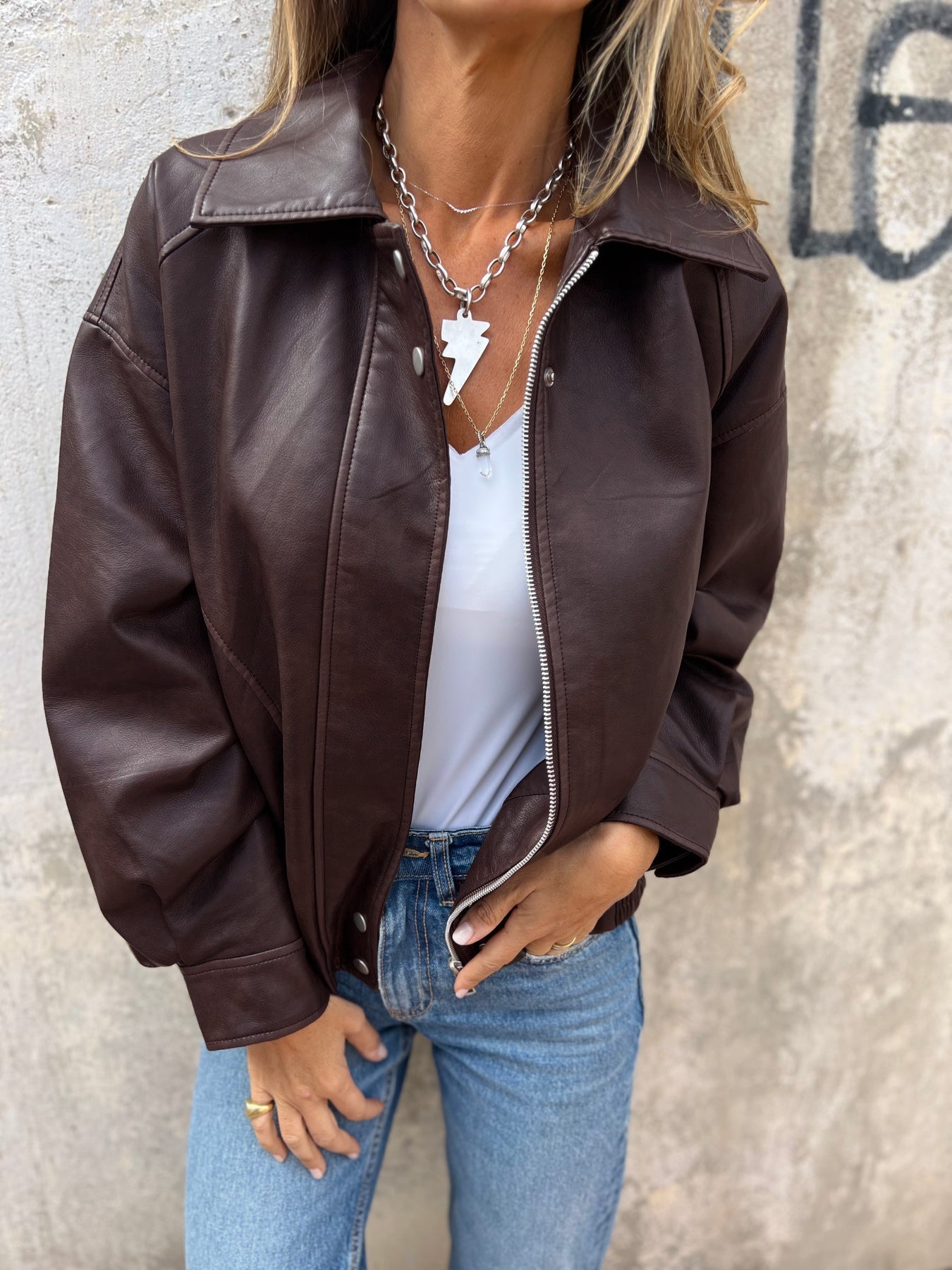 Retro loose PU motorcycle bomber jacket