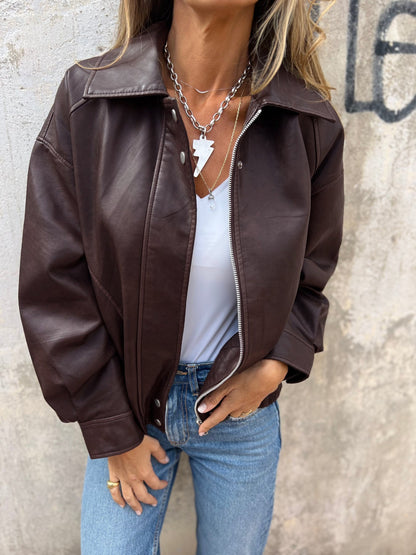 Retro loose PU motorcycle bomber jacket