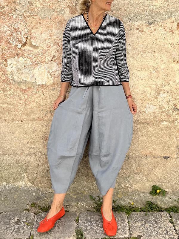 Cotton and Linen Loose Lantern Cropped Pants