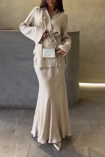 Drape Tie Shirt Top and Skirt Two-Piece Set