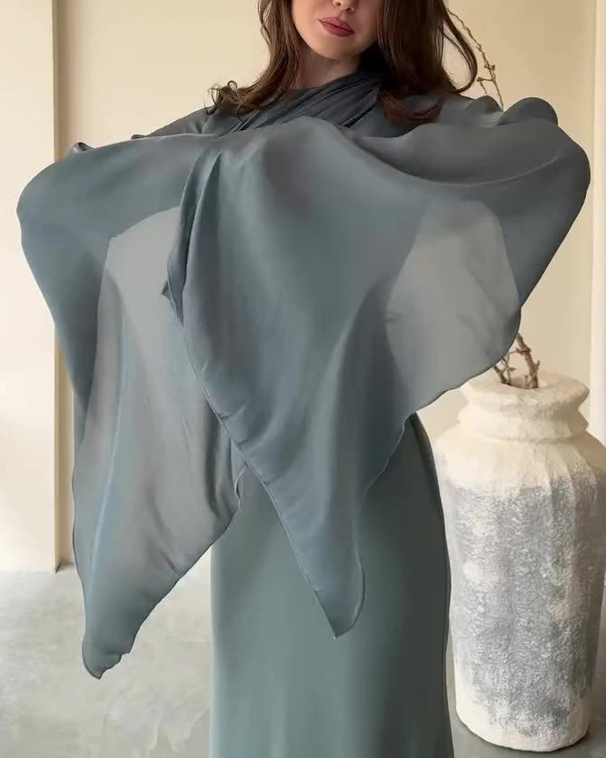 Mesh flared sleeves satin long slim dress