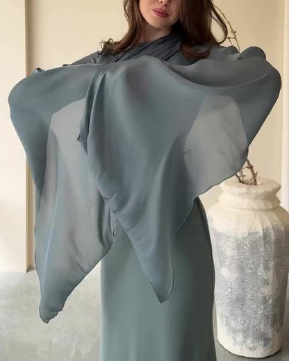 Mesh flared sleeves satin long slim dress