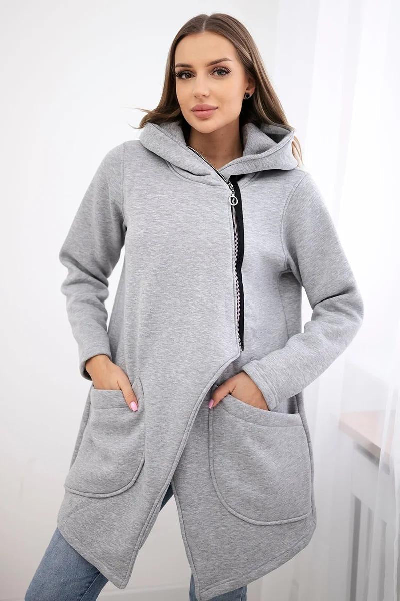 Asymmetric zip-up hooded mid-length fleece sweatshirt jacket