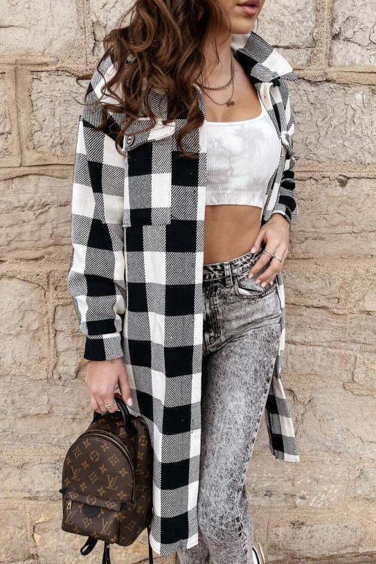 Long lapel single-breasted plaid shirt jacket