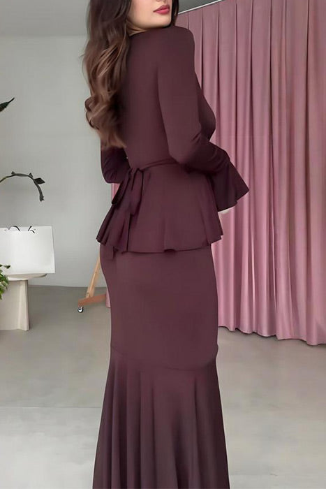 Solid color long-sleeved V-neck lace strappy hip Maxi dress