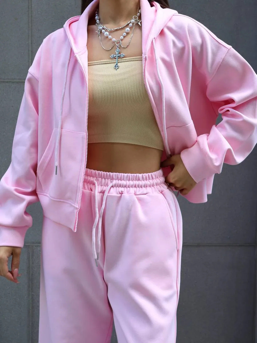 Zippered hooded sweatshirt and lace-up trousers two-piece set