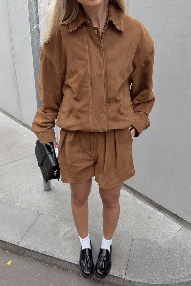 Vintage loose brown suede lapel jacket and shorts two-piece set