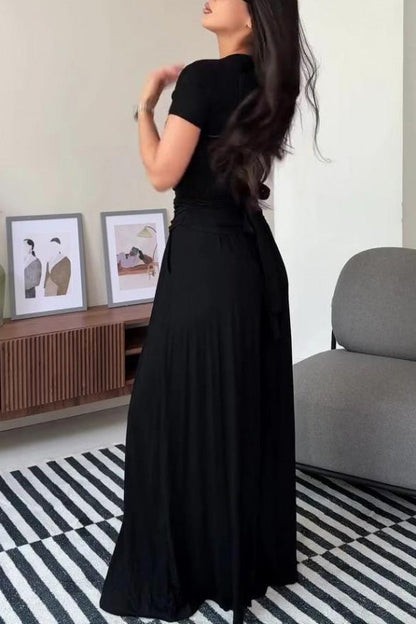 Tie-strap short-sleeved top and wide-leg pants two-piece suit