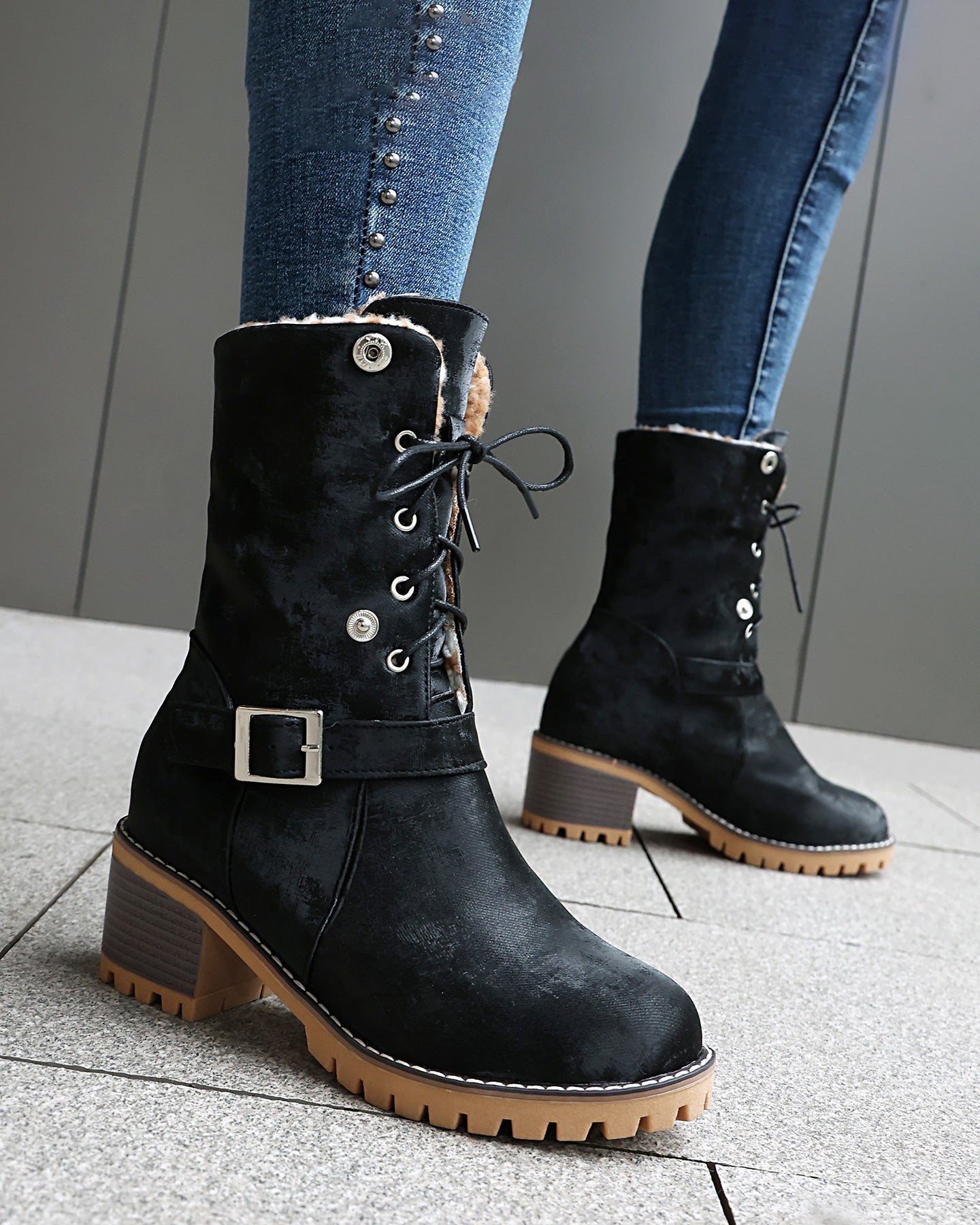 Two-way lace-up thick-heeled warm furry low boots