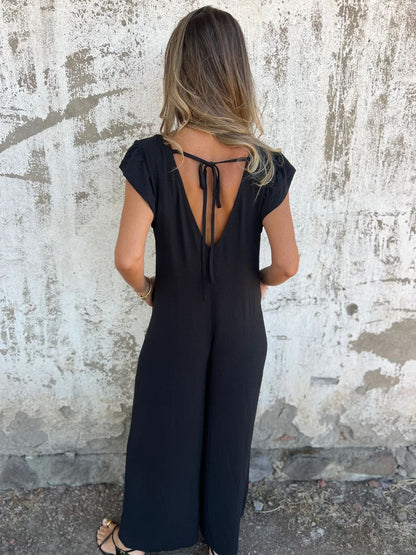 V-neck leopard print loose wide-leg jumpsuit