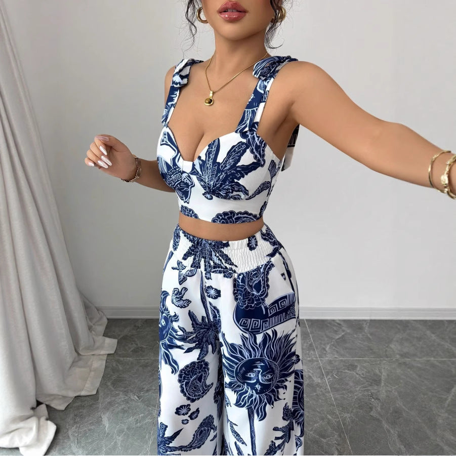 Blue and White Printed Crop Top with Wide-Leg Pants for Women - Noemi