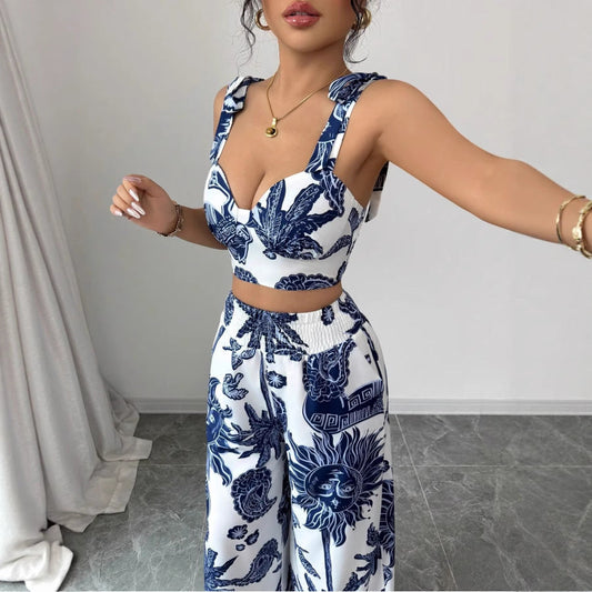 Crop top imprimé bleu et blanc avec pantalon large pour femme - Noemi 