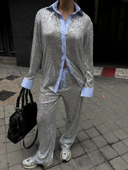Loose casual sequined suit jacket and wide-leg pants two-piece suit