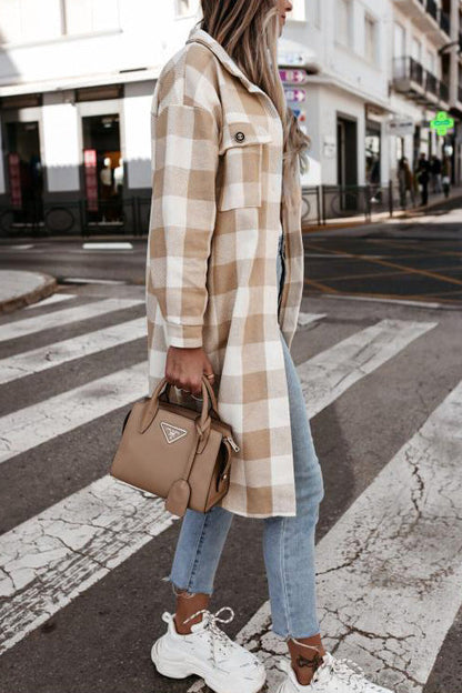 Long lapel single-breasted plaid shirt jacket