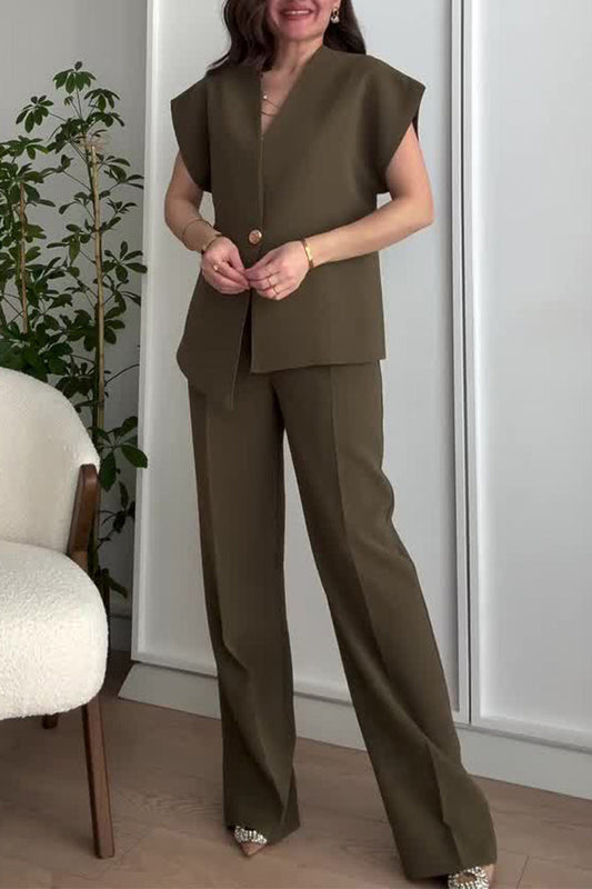 Irregular V-neck top and high-waisted trousers two-piece suit