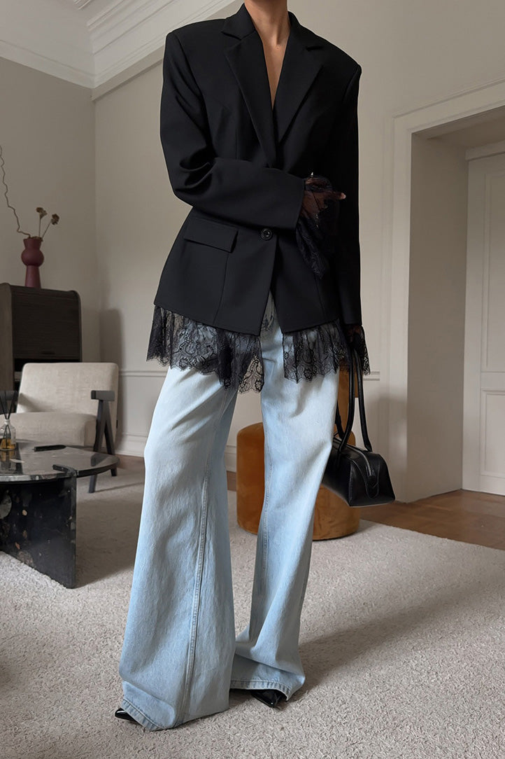 Black long-sleeved lace patchwork waist suit