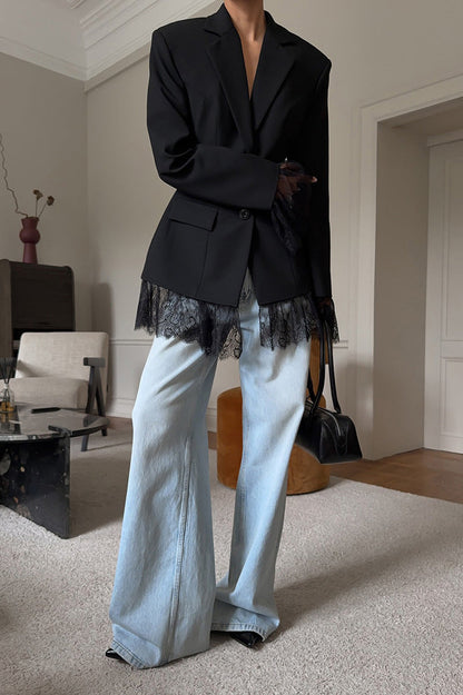 Black long-sleeved lace patchwork waist suit