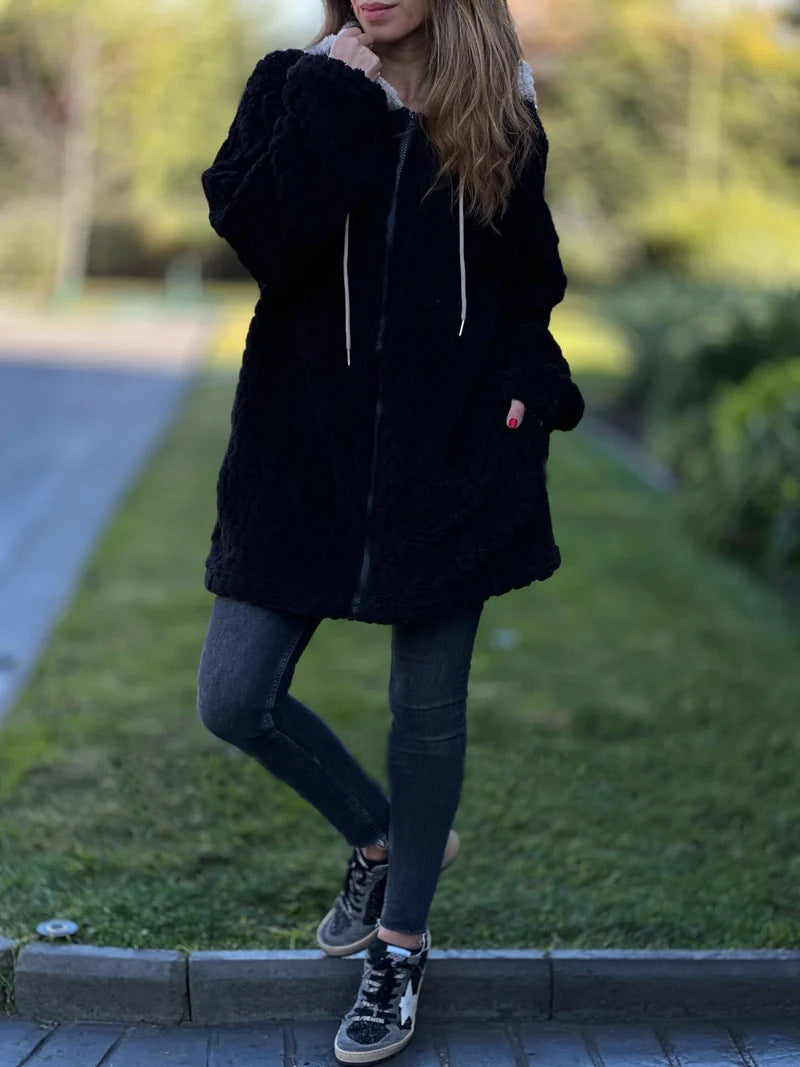 Mid-length vintage hooded fur zip-up knitted jacket