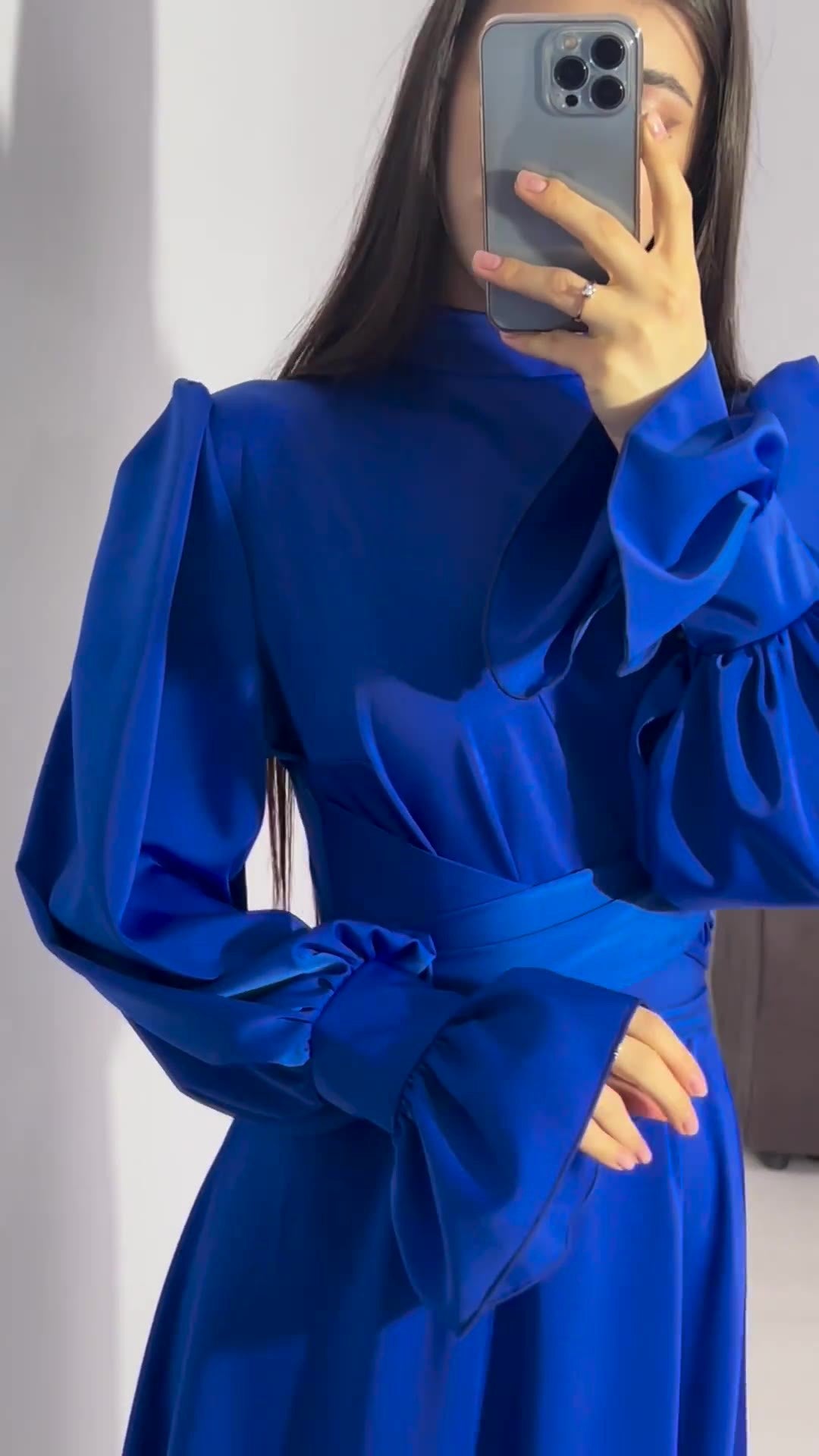 Long-sleeved puff-sleeved solid color fairy-style dress