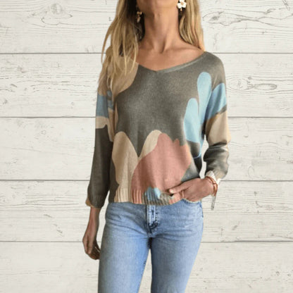 Round neck loose cropped pullover printed sweater top