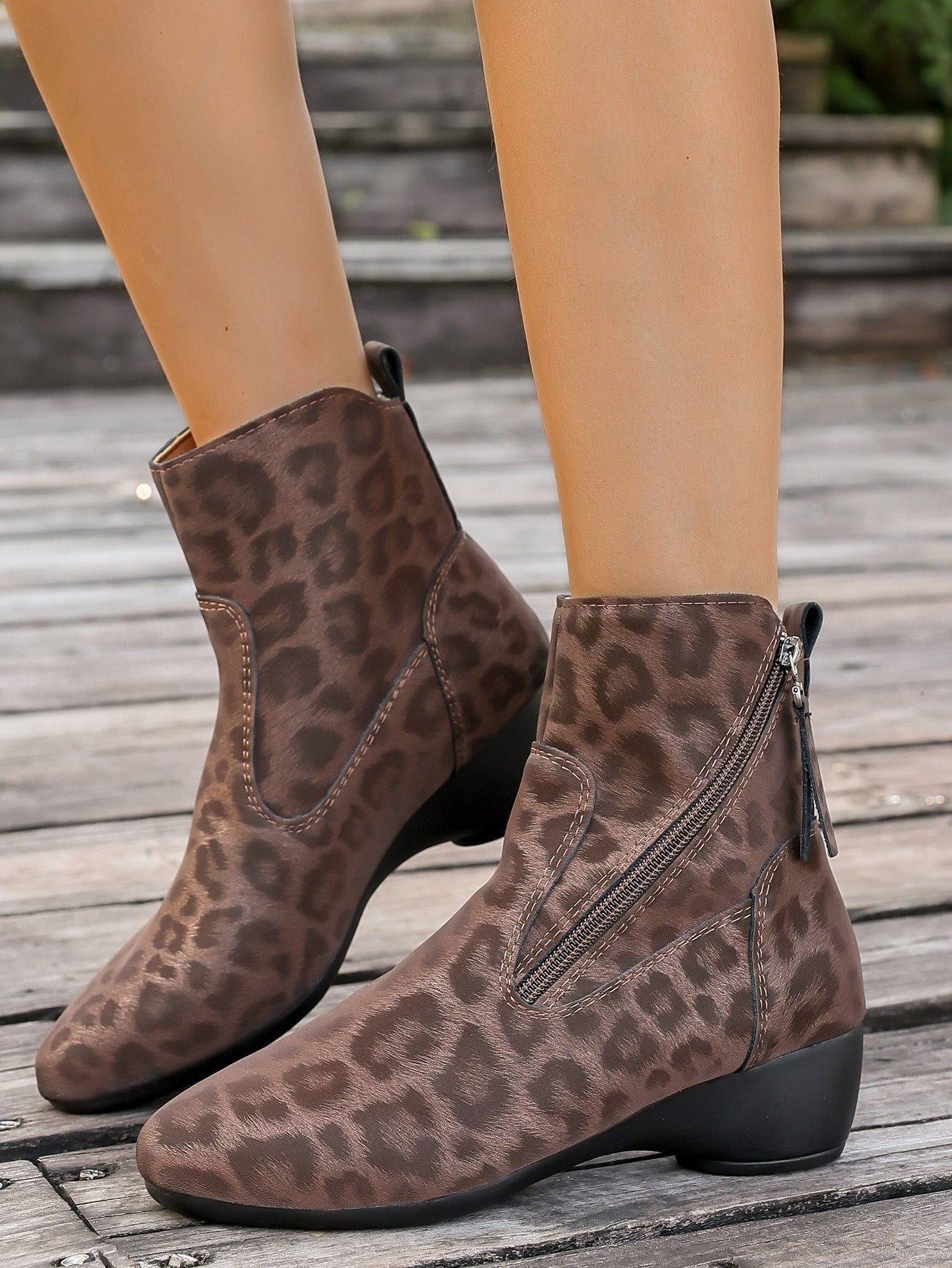 Suede leopard block heel side zipper Martin boots