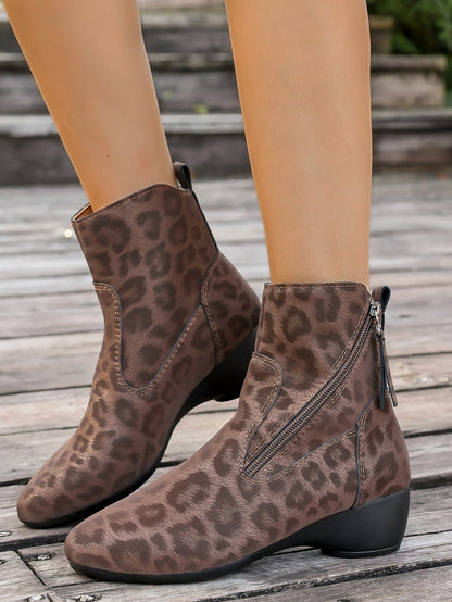 Suede leopard block heel side zipper Martin boots