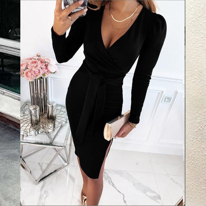 V-neck elegant strappy solid color dress